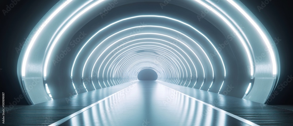 Obraz premium Futuristic tunnel with glowing white lights arranged in symmetrical, curved rows, leading towards a vanishing point