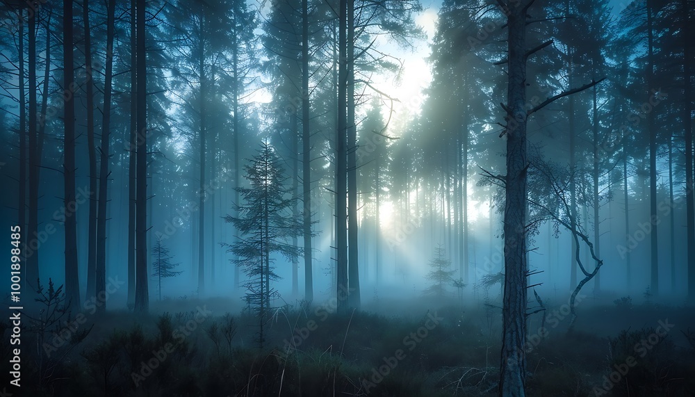 Fototapeta premium Misty Forest at Dawn with Silhouetted Trees and Ethereal Glow