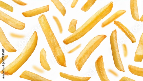 Falling french fries, potato fry isolated on white background, full depth of field 