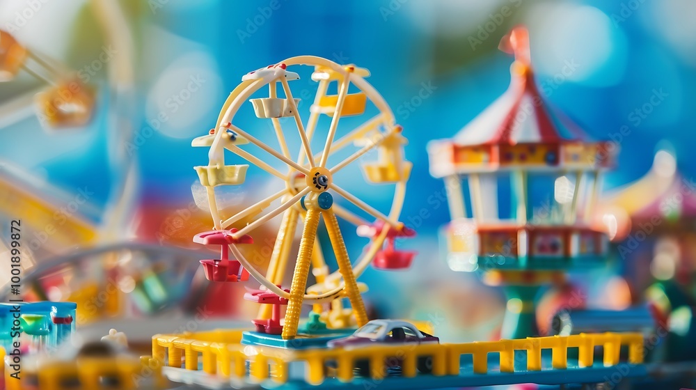 A toy carnival set with a Ferris wheel on a blue and yellow background A toy carnival set with a Ferris wheel on a blue and yellow background