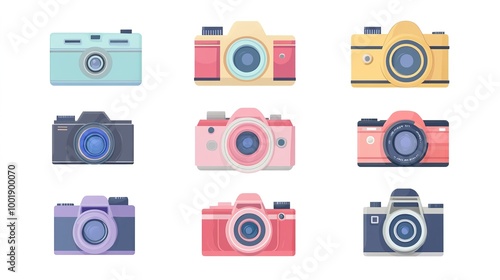 A comprehensive camera icon set featuring flat illustrations of various camera designs on a clean white background. Each icon is meticulously crafted to represent different types of cameras, 