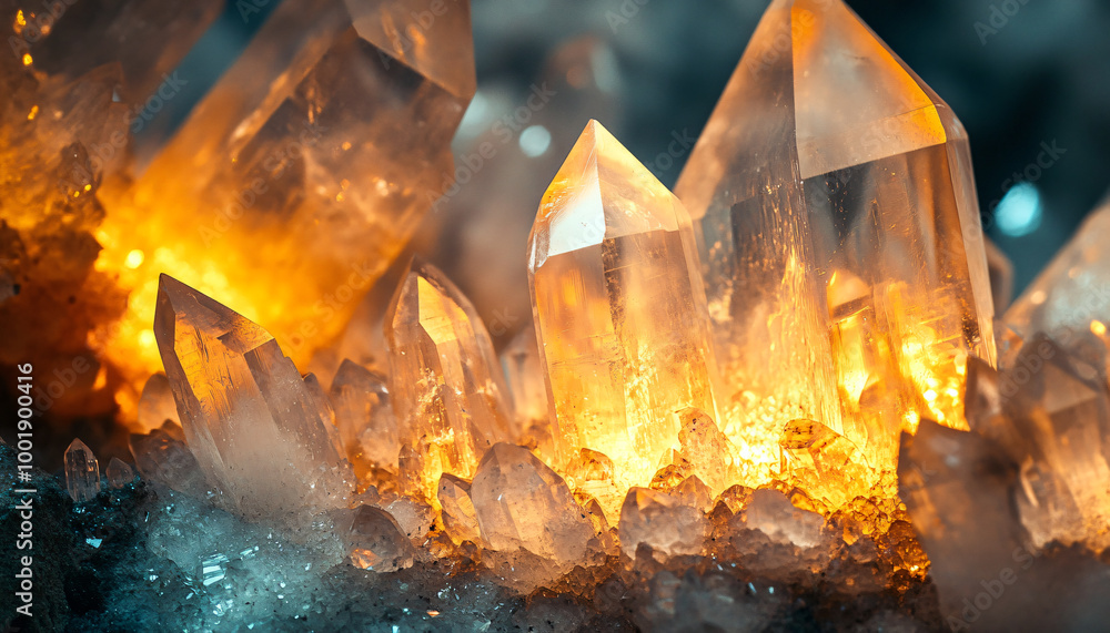 Fototapeta premium Detailed images of natural crystal formations, with sharp edges and glowing, translucent hues, adding a magical, geological beauty