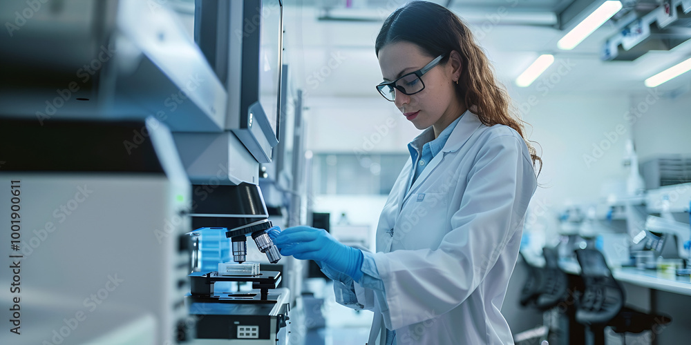 Female Scientist Using Advanced Equipment in Laboratory Research, Researcher Analyzing Data with High-Tech Machines in Modern Lab Female Scientist Using Advanced Equipment in Laboratory Research, Researcher Analyzing Data with High-Tech Machines in Modern Lab