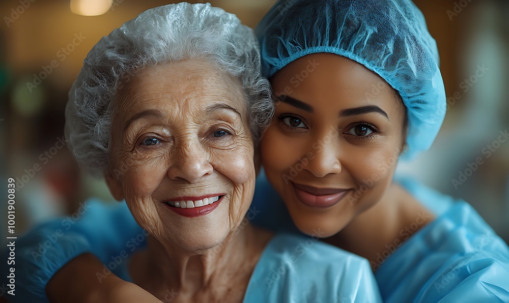 Happy senior black woman in a nursing home. Smiling old african american female pensioner being cared for by a nurse in a hospice for elderly Happy senior black woman in a nursing home. Smiling old african american female pensioner being cared for by a nurse in a hospice for elderly