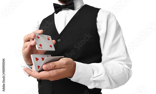 Obraz na płótnie Professional croupier shuffling cards on white background, closeup