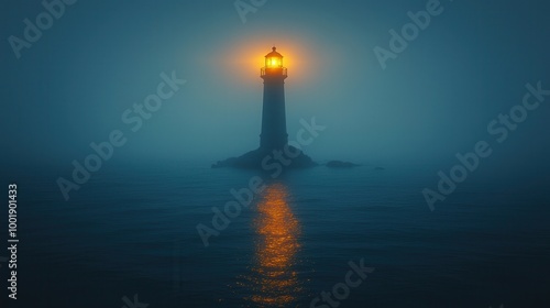 Mysterious Lighthouse in Fog with Glowing Light