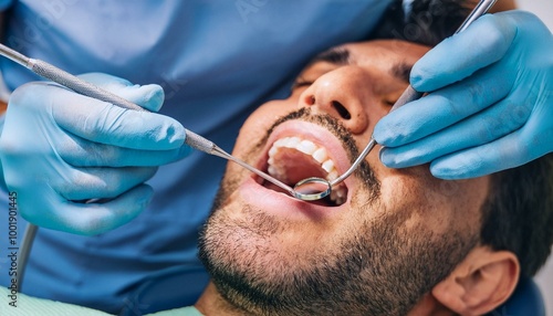 Patient having a dental treatment with tool in patients mouth at the dentistry for an improved smile 