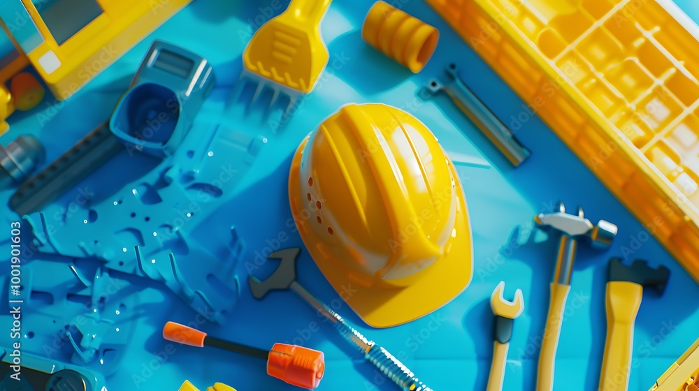 A toy construction site with a hard hat and tools on a blue and yellow background A toy construction site with a hard hat and tools on a blue and yellow background