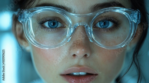 A young woman with striking blue eyes and clear glasses gazes thoughtfully, showcasing her unique appearance and focus