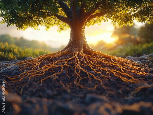 Majestic Tree with Exposed Roots at Sunset