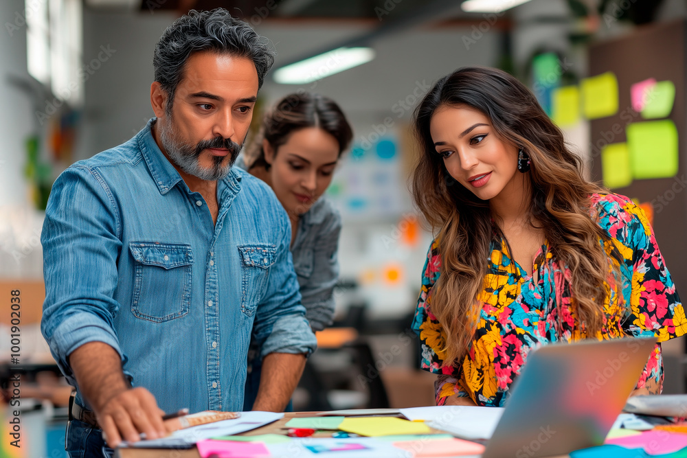 Fototapeta premium Wide-shot of a Latinx Couple in Traditional Attire Discussing a Project in an Office-Café