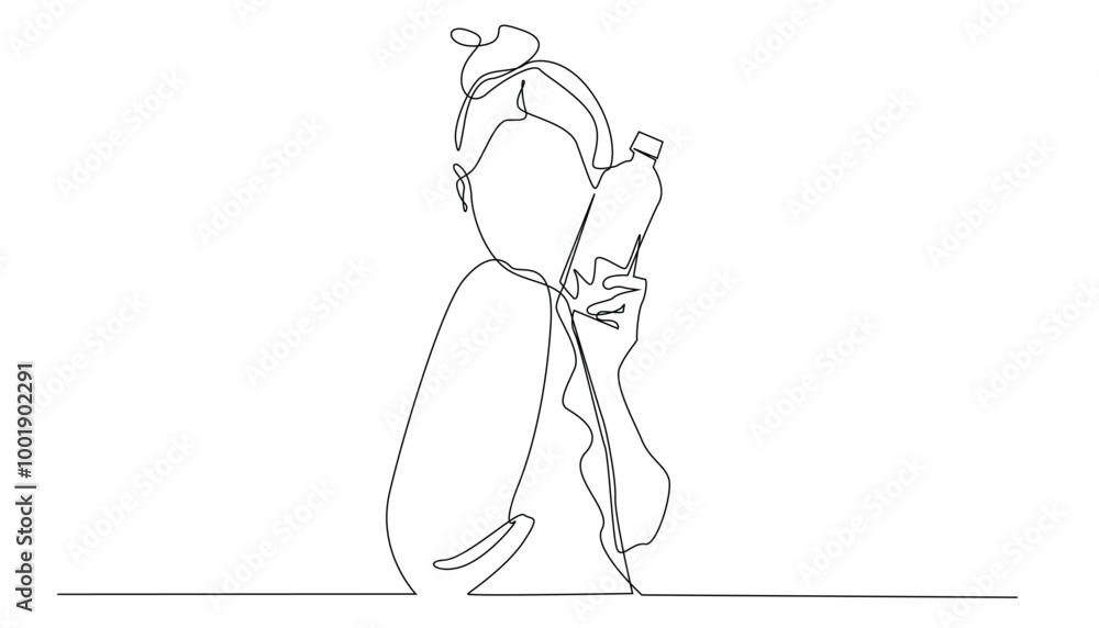 mineral water product advertising concept.woman holding mineral water bottle.continuous line.drawing one line vector mineral water product advertising concept.woman holding mineral water bottle.continuous line.drawing one line vector