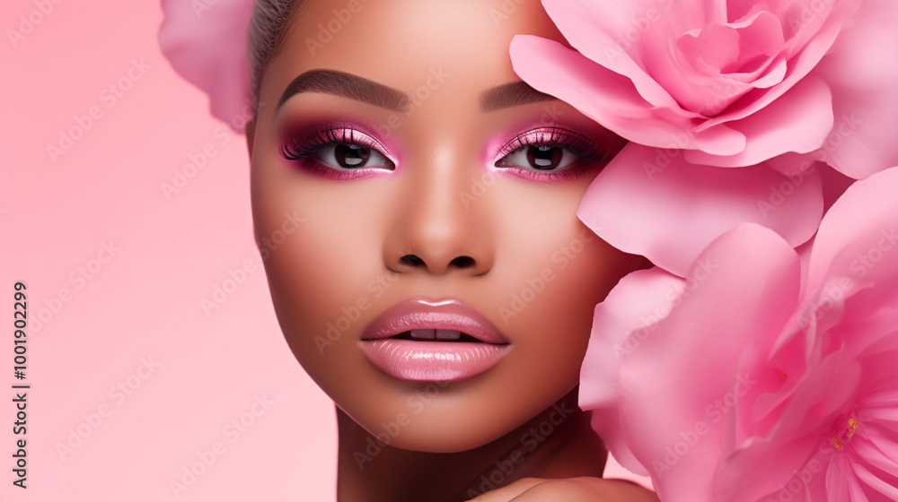 Beautiful young black woman with flowers and petals on her face. Beauty parlor horizontal banner concept, copyspace Pink background. Beautiful young black woman with flowers and petals on her face. Beauty parlor horizontal banner concept, copyspace Pink background.