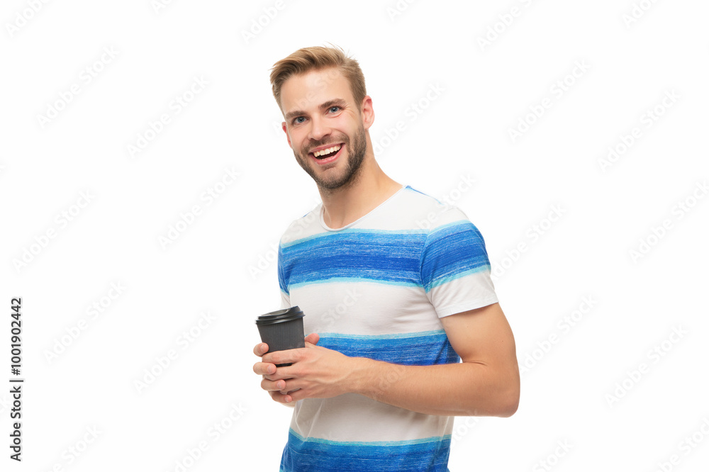 Man relaxing with coffee. Takeaway coffee cup. Millennial man enjoying coffee. Young man in casual t-shirt holding paper cup of coffee. Drink hot tea in morning isolated on white. Strong espresso Man relaxing with coffee. Takeaway coffee cup. Millennial man enjoying coffee. Young man in casual t-shirt holding paper cup of coffee. Drink hot tea in morning isolated on white. Strong espresso