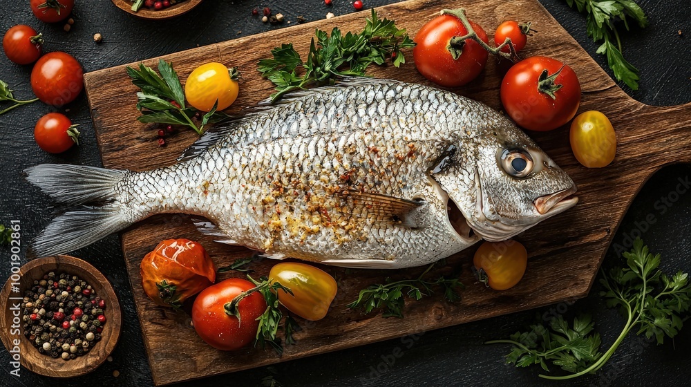 Fresh Fish Displayed on Wooden Board with Vegetables Fresh Fish Displayed on Wooden Board with Vegetables