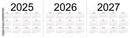 Calendar grid for 2025, 2026 and 2027 years. Simple horizontal template in Russian language. Week starts from Monday. Isolated vector illustration on white background.