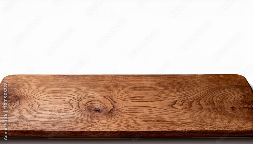 Fototapeta premium Brown texture of stained oak wood cutting board with grain on white background, fragment of a wooden panel hardwood. Space for text. Rustic countertop of timber surface.