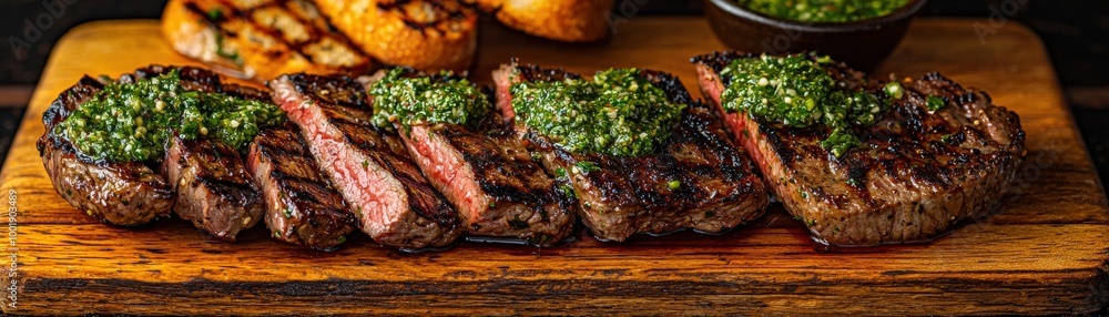 Grilled Steak Slices on Rustic Wooden Board Grilled Steak Slices on Rustic Wooden Board