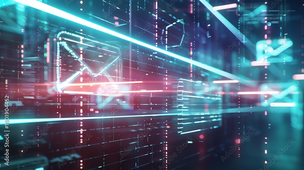 Obraz premium High-Tech Email Concept with Translucent Message Icons and Data Flow