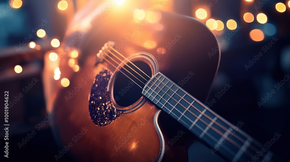 Naklejka premium Acoustic Guitar in Soft, Warm Lighting with Blurred Bokeh Lights