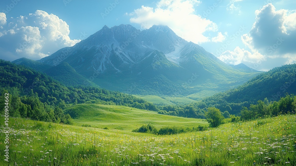 Fototapeta premium Serene Mountain Landscape Under Clear Blue Sky