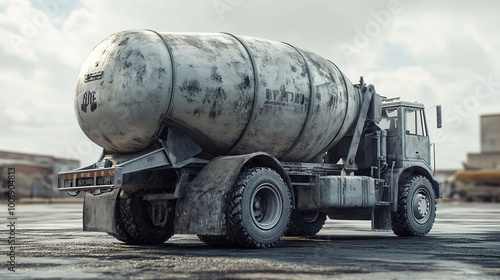 A concrete mixer truck parked on a construction site, showcasing its large rotating drum designed for mixing cement, sand, and gravel. The truck features a sturdy chassis, vibrant paint,