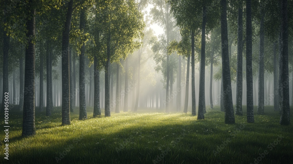Obraz premium A peaceful morning in a foggy forest, with soft sunlight barely breaking through the thick canopy