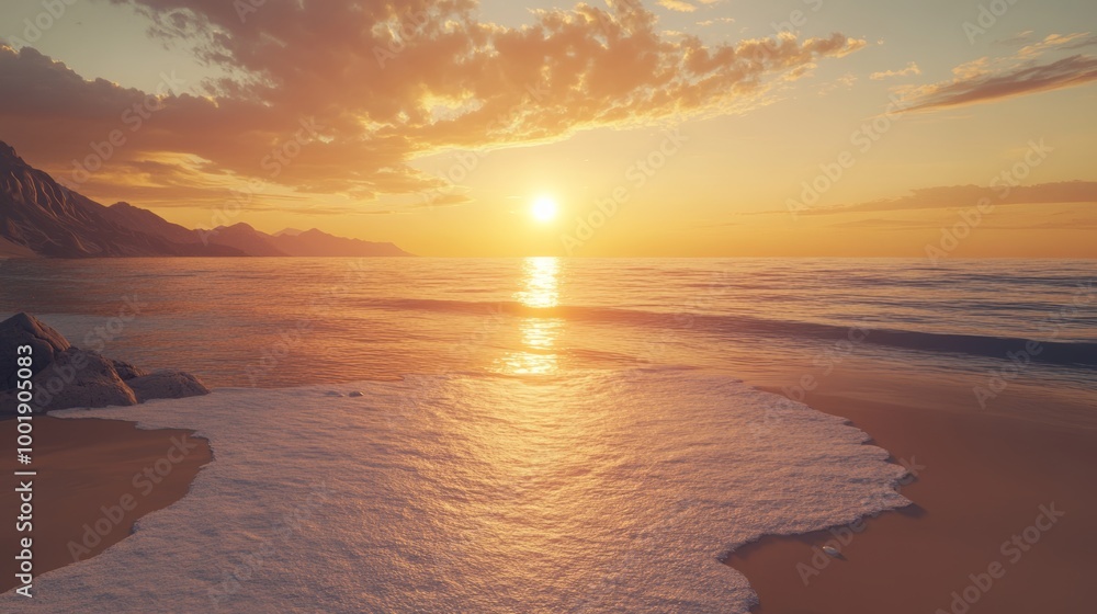 Fototapeta premium A quiet beach at golden hour, the sun sinking into the ocean