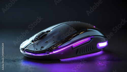 Futuristic mouse technology illuminated by vibrant purple light on a sleek dark background