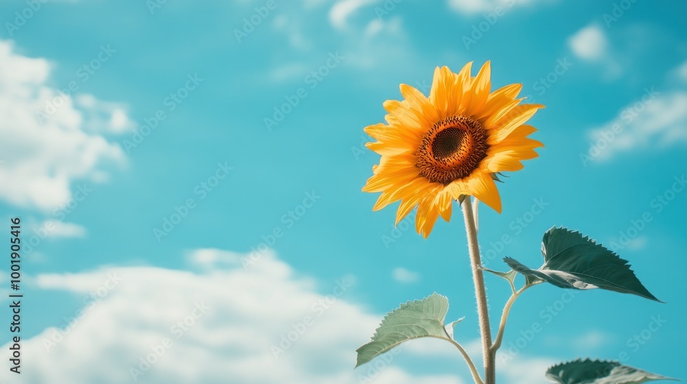 A single sunflower blooms against a bright blue sky with white clouds. A single sunflower blooms against a bright blue sky with white clouds.