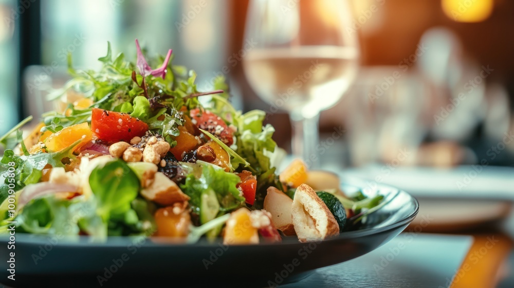 A close-up shot of a fresh salad with mixed greens, vegetables, and nuts on a black plate with a glass of white wine in the background. A close-up shot of a fresh salad with mixed greens, vegetables, and nuts on a black plate with a glass of white wine in the background.