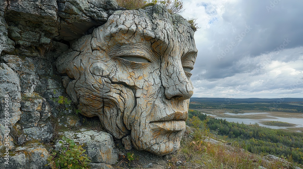Obraz premium Serene Stone Face Carved in Rock Landscape