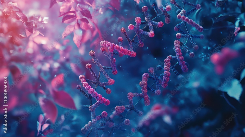 Abstract DNA strands with a pink and blue color scheme Abstract DNA strands with a pink and blue color scheme