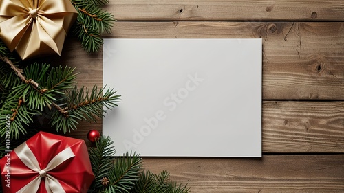 Christmas Greeting card mockup with fir tree branches on dark wooden background