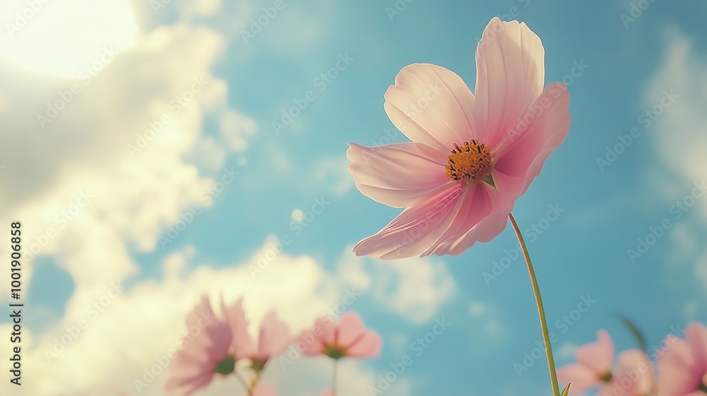 Obraz premium A stunning close-up of a cosmos flower, showcasing its vibrant petals and delicate structure. The flower blooms in radiant shades of pink, purple, and white, with a soft yellow center that draws 