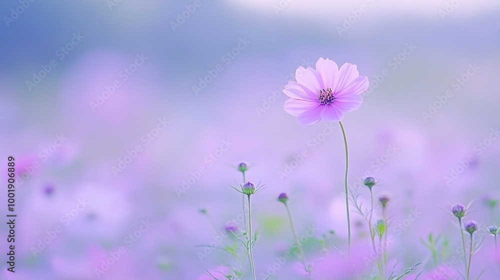 A stunning close-up of a cosmos flower, showcasing its vibrant petals and delicate structure. The flower blooms in radiant shades of pink, purple, and white, with a soft yellow center that draws 