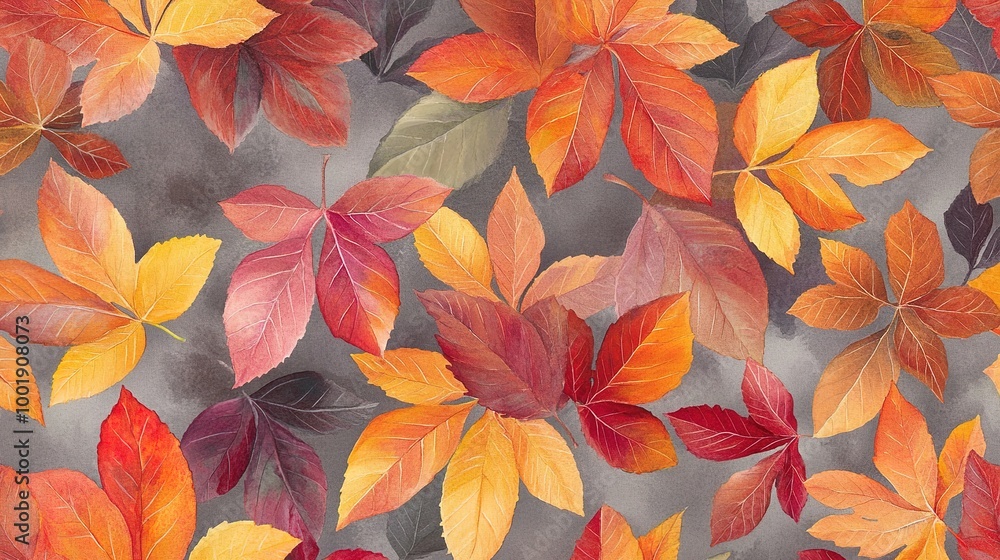 A captivating repeating pattern of vibrant autumn leaves, showcasing rich shades of red, orange, and yellow. The leaves are elegantly cascading across a soft, muted background, creating a harmonious A captivating repeating pattern of vibrant autumn leaves, showcasing rich shades of red, orange, and yellow. The leaves are elegantly cascading across a soft, muted background, creating a harmonious