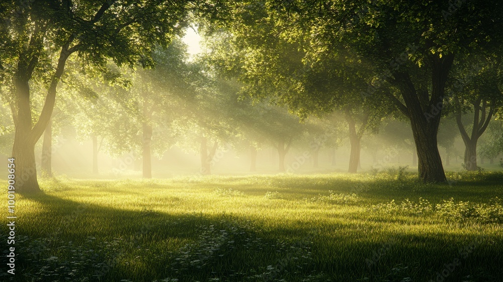 Fototapeta premium Early morning mist in a forest, with diffused light creating a gentle glow