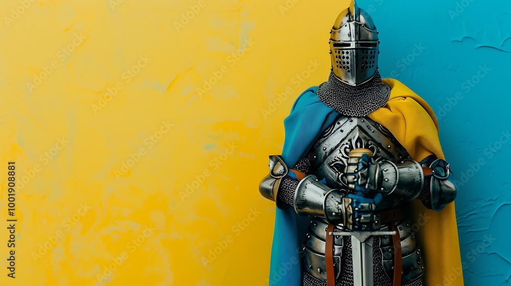 Naklejka premium A toy knight in armor on a blue and yellow background