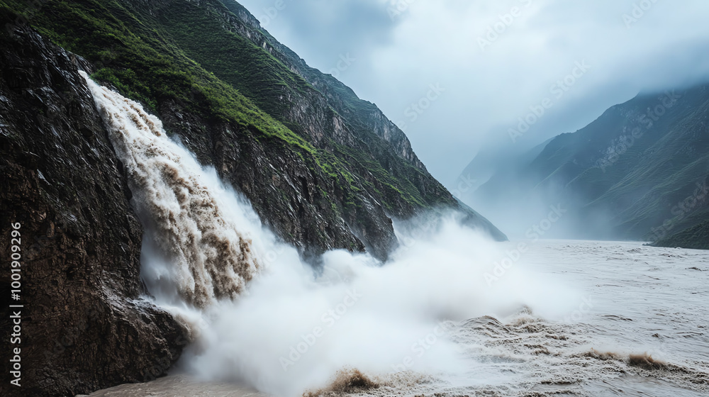Dynamic waterfall cascading into river amidst misty mountains and dramatic skies. Dynamic waterfall cascading into river amidst misty mountains and dramatic skies.