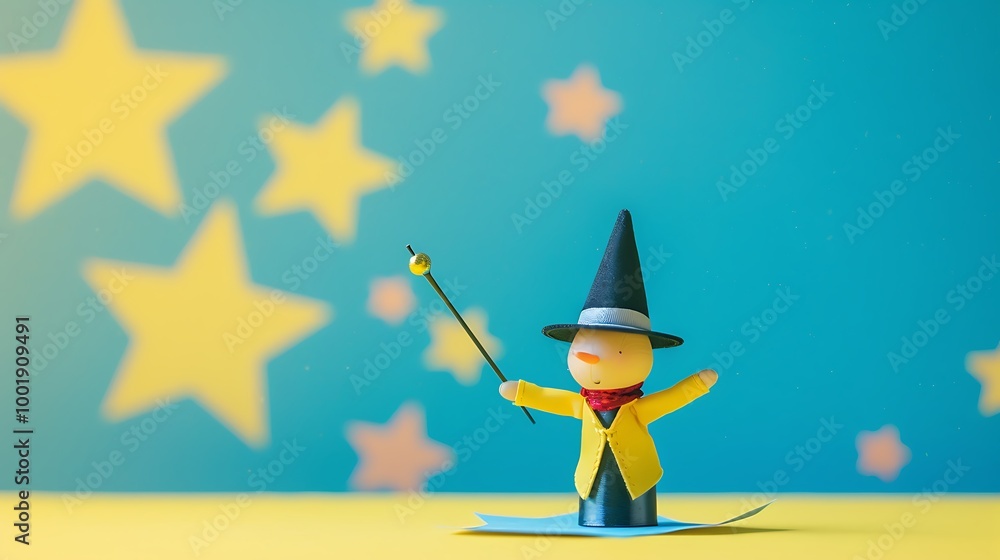 A toy magician set with a hat and wand on a blue and yellow background A toy magician set with a hat and wand on a blue and yellow background