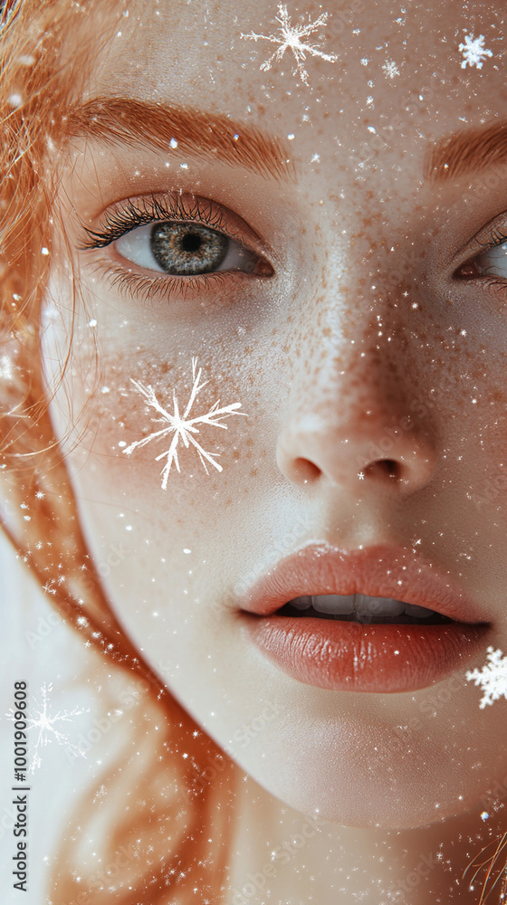 Beautiful young redhead woman with snowflakes and stars on her face. Beauty parlor christmas banner concept. Instagram story, reel or tiktok Beautiful young redhead woman with snowflakes and stars on her face. Beauty parlor christmas banner concept. Instagram story, reel or tiktok