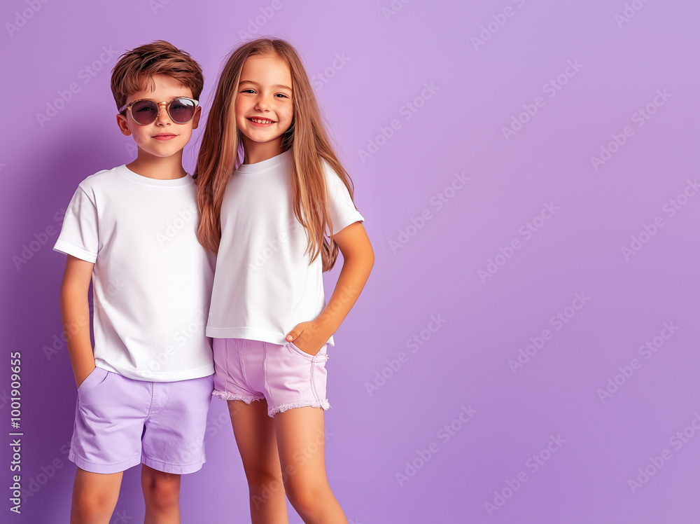 Little girl and boy wearing  a white suit and sunglasses. A full body shot. Mockup for kids design. White space, lilac background.