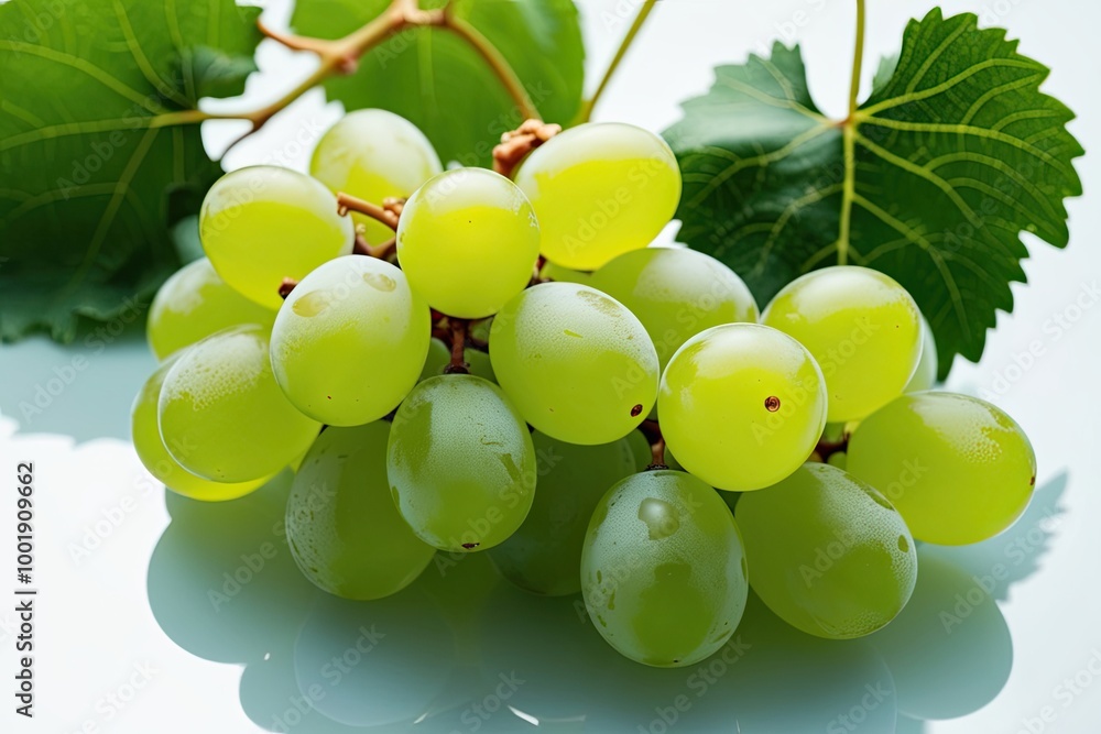 Vibrant Green Juicy Grapes on a Clear Glossy Surface Vibrant Green Juicy Grapes on a Clear Glossy Surface