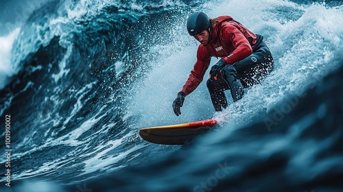 Surfer Riding a Wave in Dynamic Ocean Scene