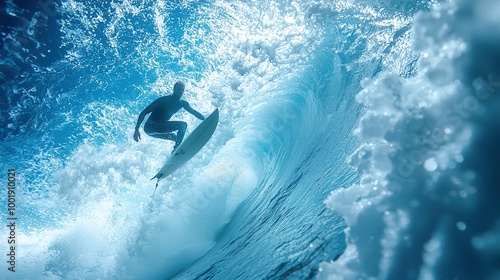 Surfer Riding Waves Under Bright Blue Ocean Waters