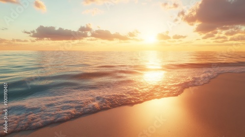 Sunset over a tranquil beach, warm light reflecting on the clear water