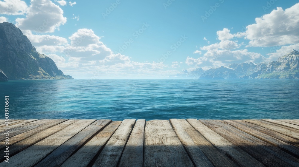 Fototapeta premium View from a rustic wooden platform, facing a boundless ocean