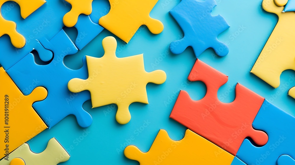 A toy puzzle with colorful pieces on a blue and yellow background A toy puzzle with colorful pieces on a blue and yellow background