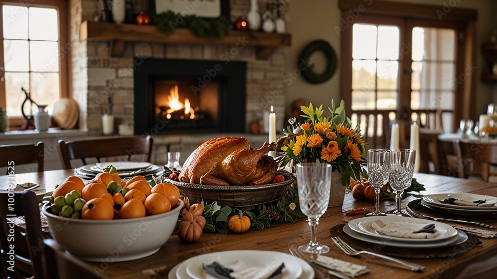 A cozy Thanksgiving feast with a rustic farmhouse setting A cozy Thanksgiving feast with a rustic farmhouse setting